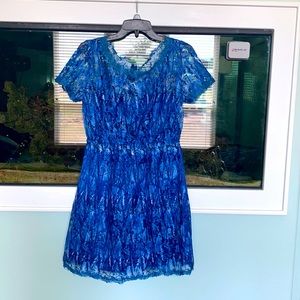 Blue lace overlay dress with blue lining.
